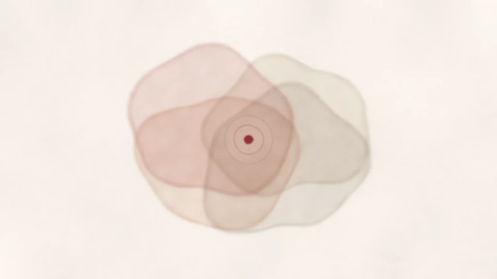 Watercolor on cream paper: four soft, overlapping washes of blush, linen, and stone, with a small oxblood point glowing at the center, circled by faint ripples.