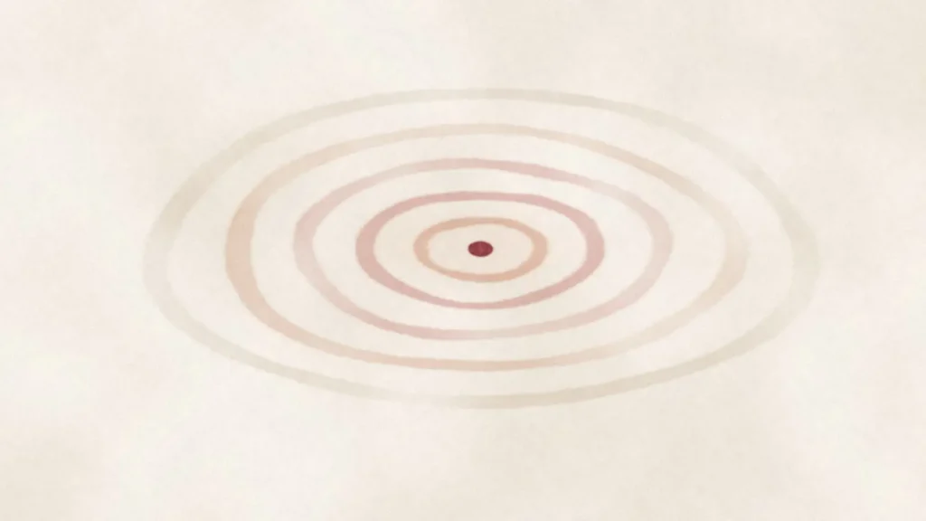 Watercolor of soft oval ripples in blush and stone spreading out from a small oxblood dot on cream paper.