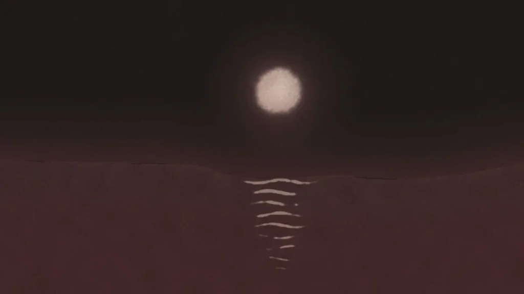 Watercolor night scene on charcoal: a soft, pale moon glowing above dark, still water, with its light reflected below in slow, broken ripples.