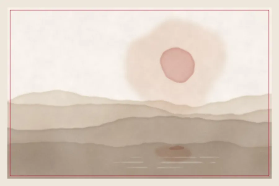 Watercolor of a soft morning sun over layered hills and still water