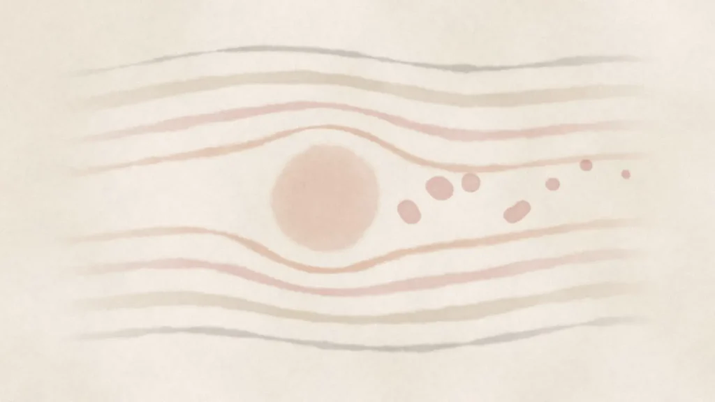 Watercolor of soft blush, linen, and stone currents flowing around a calm, pale circle, with a few small blush blooms drifting away downstream.